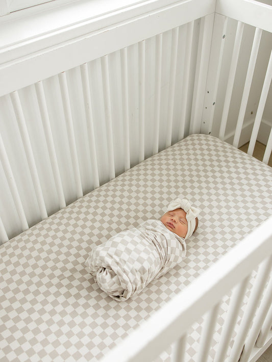 Taupe Checkered Bamboo Stretch Crib Sheet - Blissfully Lavender BoutiqueMebie Baby