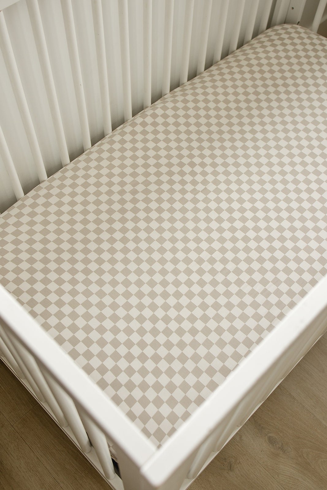Taupe Checkered Bamboo Stretch Crib Sheet - Blissfully Lavender BoutiqueMebie Baby