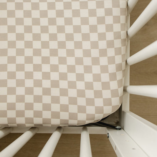 Taupe Checkered Bamboo Stretch Crib Sheet - Blissfully Lavender BoutiqueMebie Baby