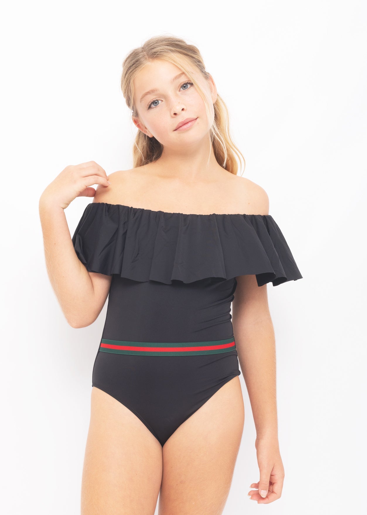 Black Draped Swimsuit with Belt