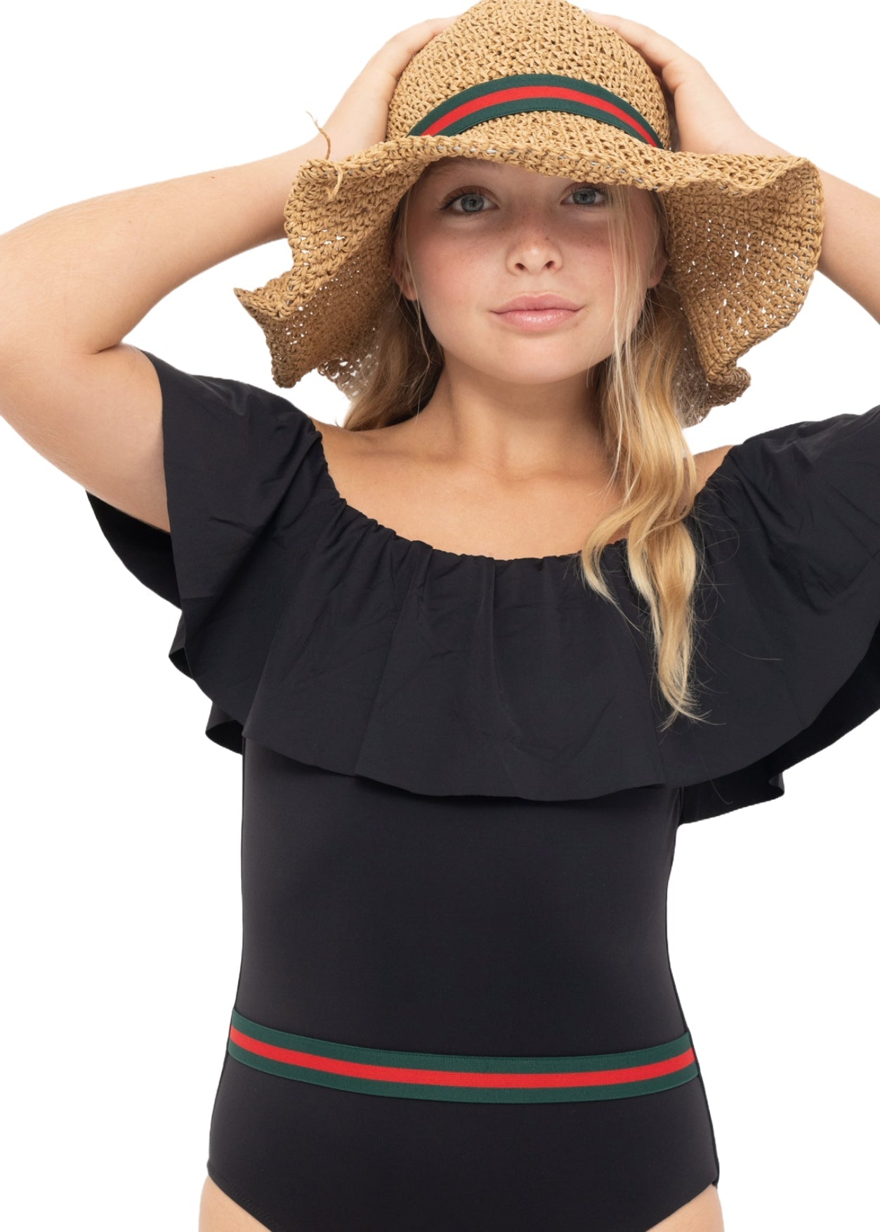 Black Draped Swimsuit with Belt