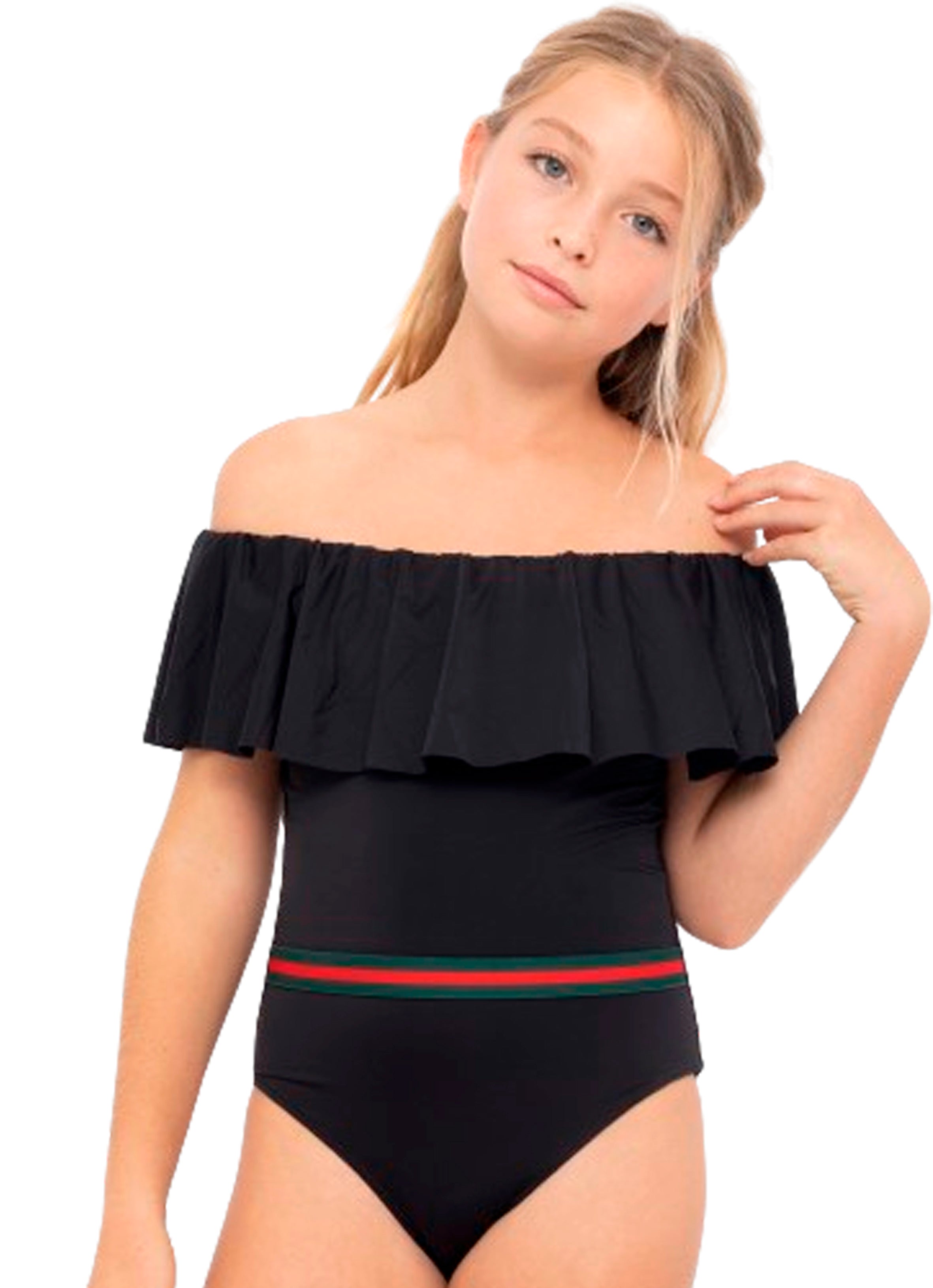 Black Draped Swimsuit with Belt