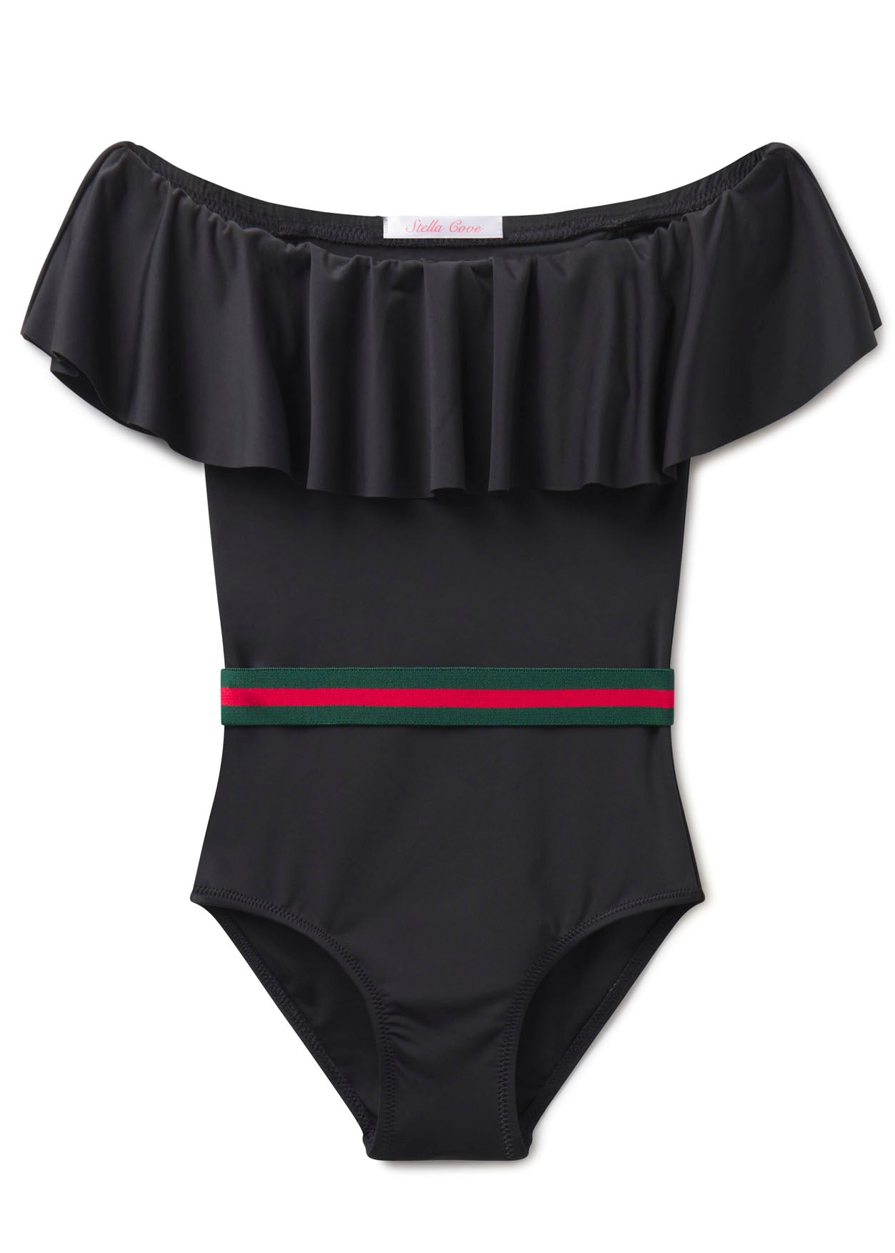 Black Draped Swimsuit with Belt