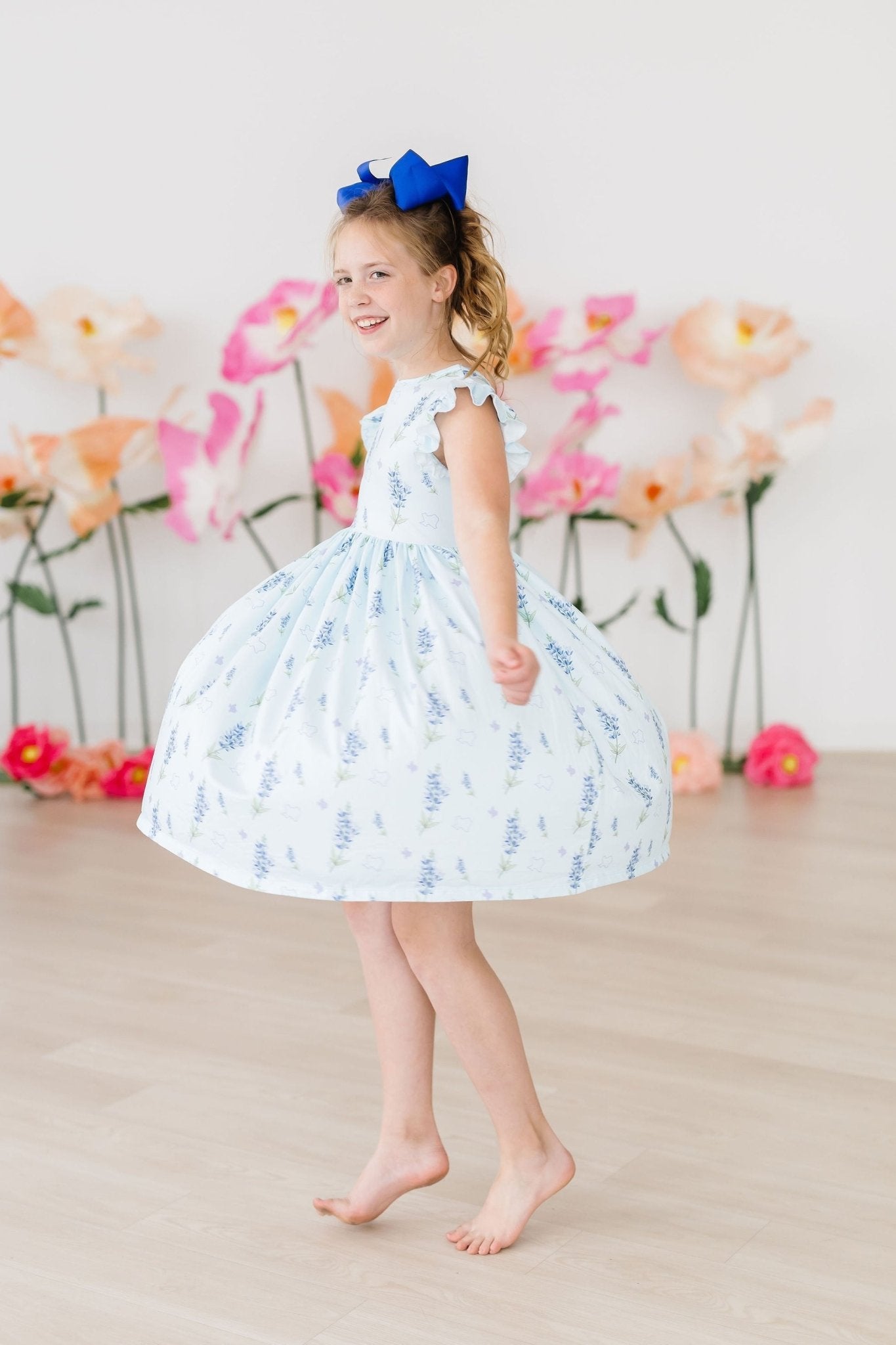 Texas Bluebonnets Flutter Sleeve Twirl Dress - Blissfully Lavender BoutiqueMila & Rose ®
