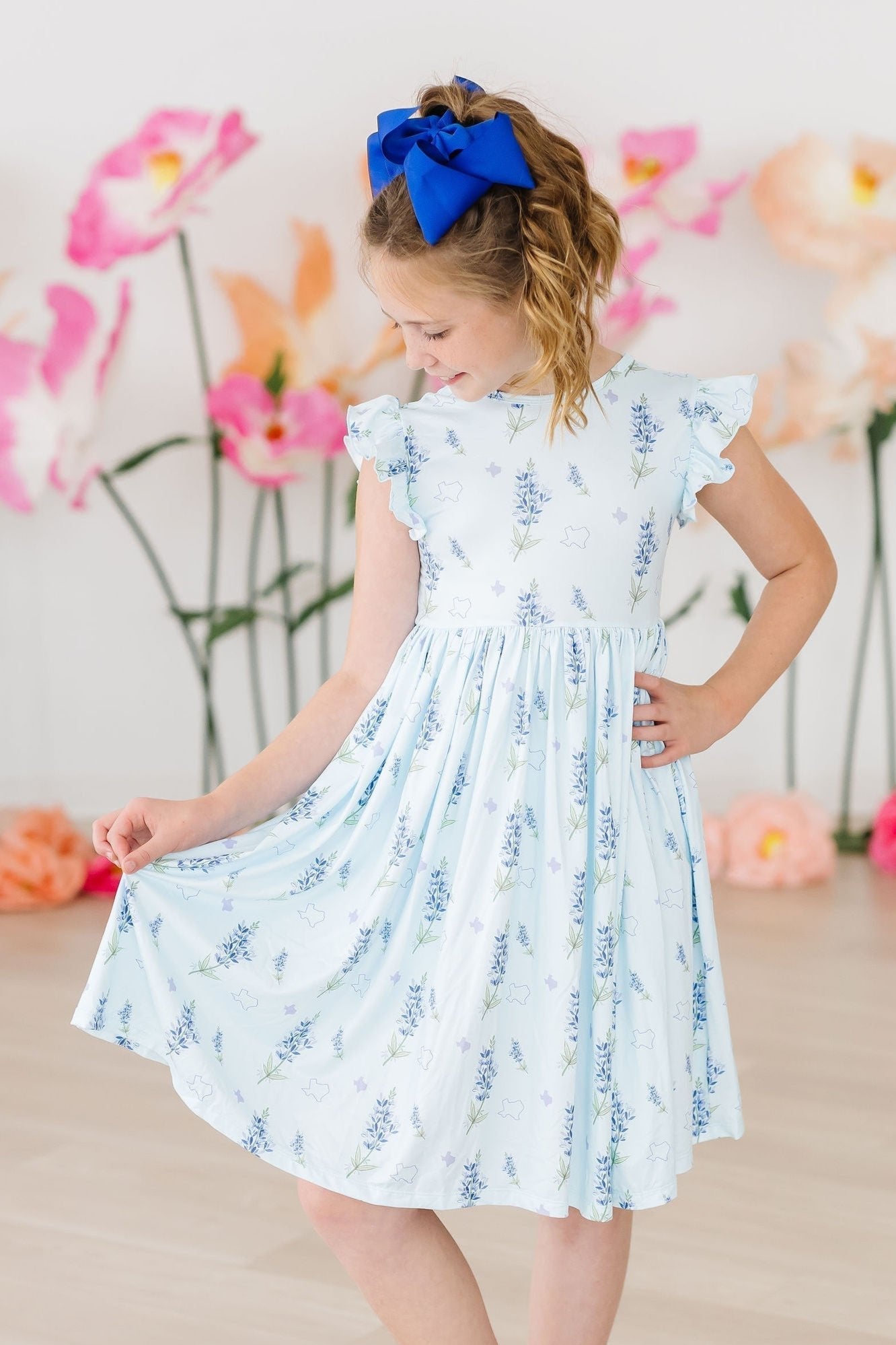 Texas Bluebonnets Flutter Sleeve Twirl Dress - Blissfully Lavender BoutiqueMila & Rose ®