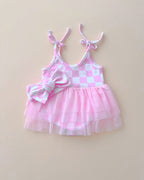 Girls Pink Checkered Tutu Romper