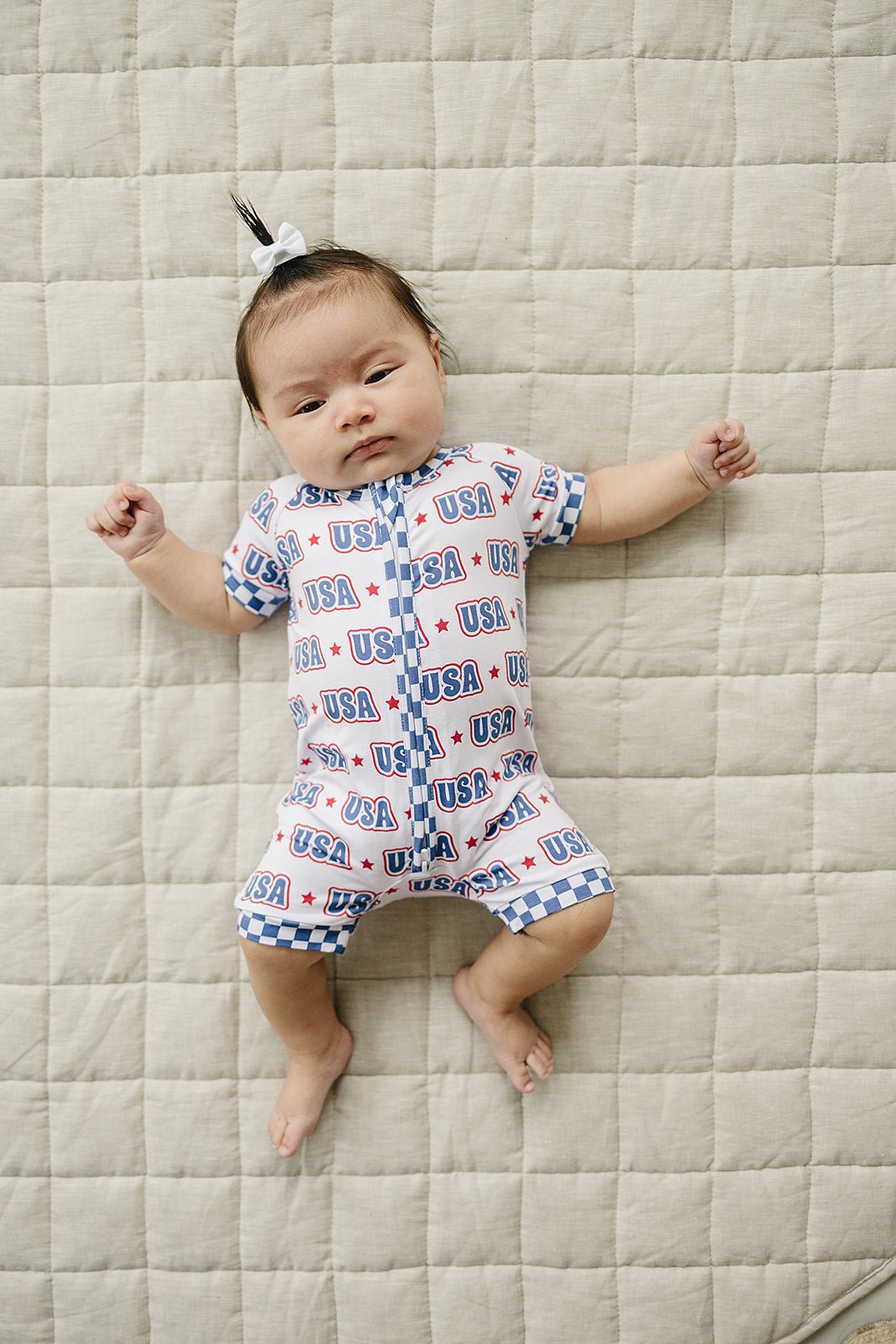 USA Bamboo Shorty Romper - Blissfully Lavender BoutiqueLUCKY PANDA KIDS