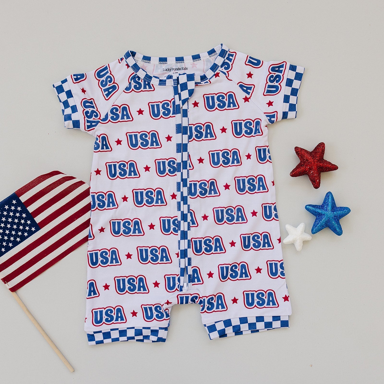 USA Bamboo Shorty Romper - Blissfully Lavender BoutiqueLUCKY PANDA KIDS