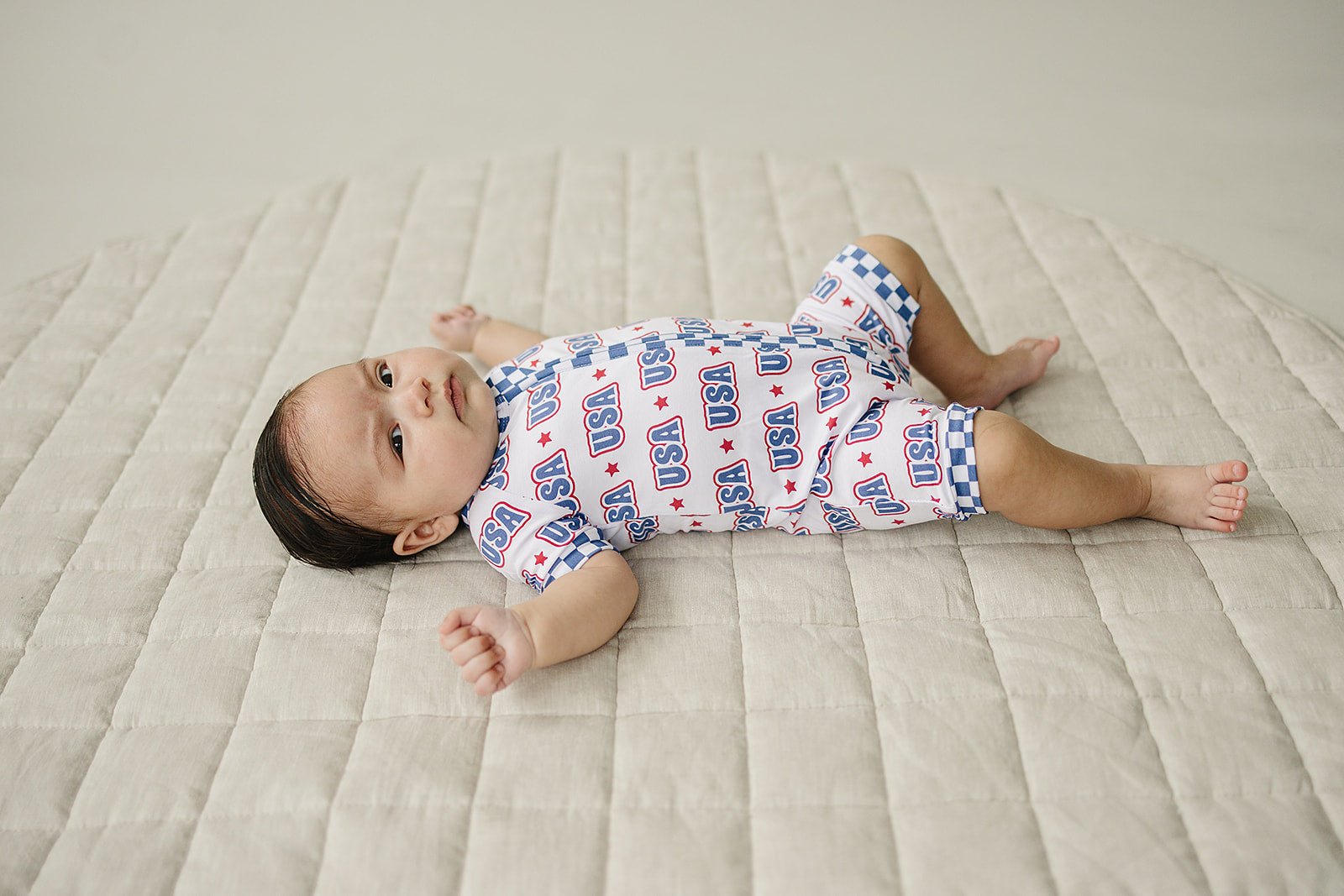 USA Bamboo Shorty Romper - Blissfully Lavender BoutiqueLUCKY PANDA KIDS