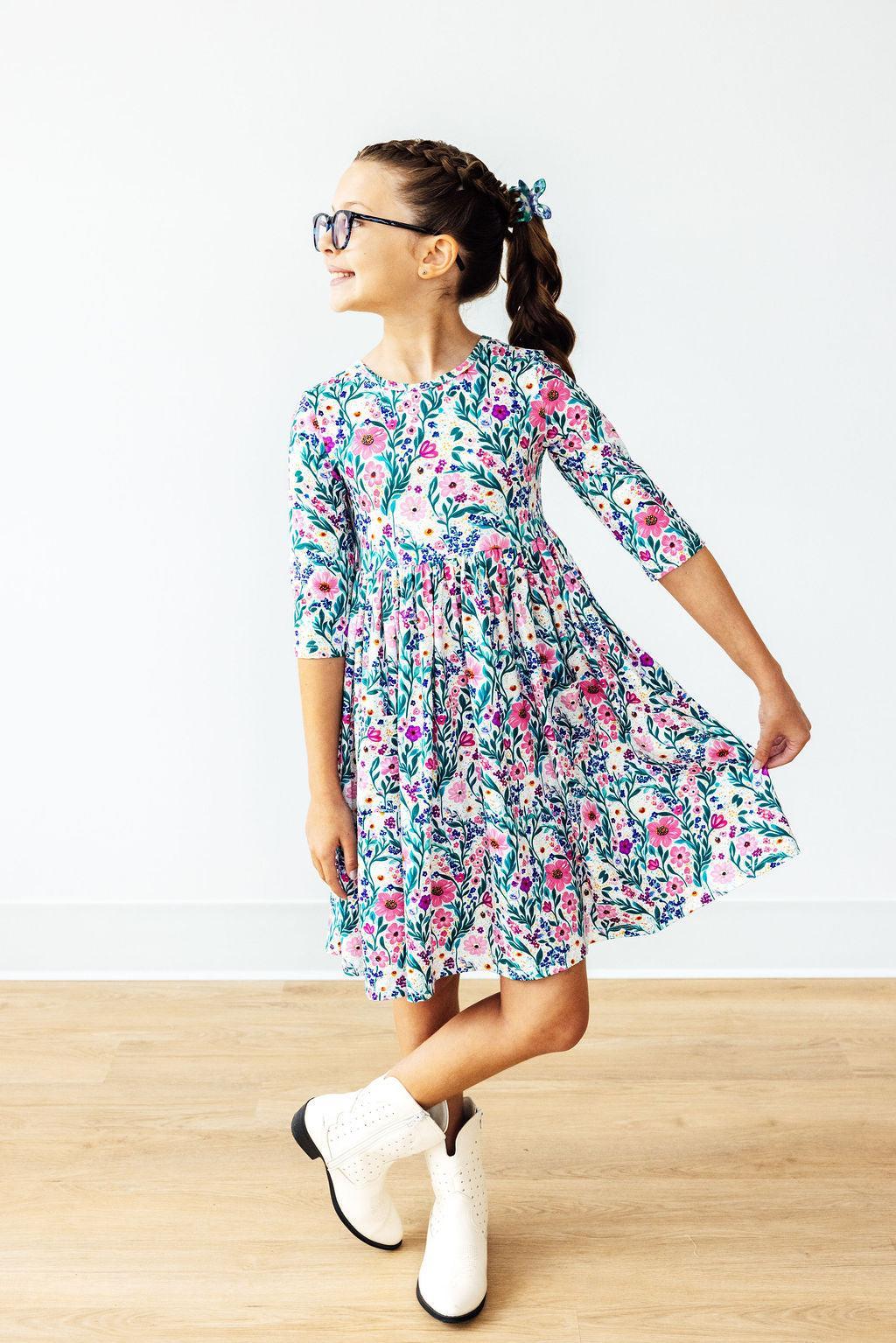 Vivid Garden 3/4 Sleeve Pocket Twirl Dress - Blissfully Lavender BoutiqueMila & Rose ®