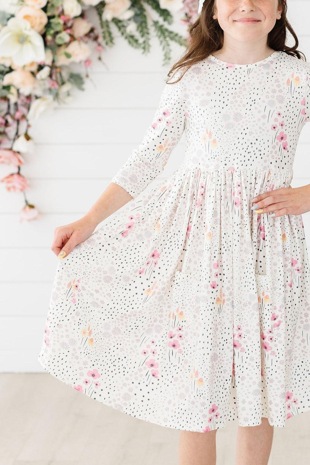 Whimsical Wildflowers 3/4 Sleeve Pocket Twirl Dress - Blissfully Lavender BoutiqueMila & Rose ®