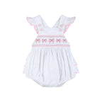 White & Pink Bows Smocked Ruffle Romper