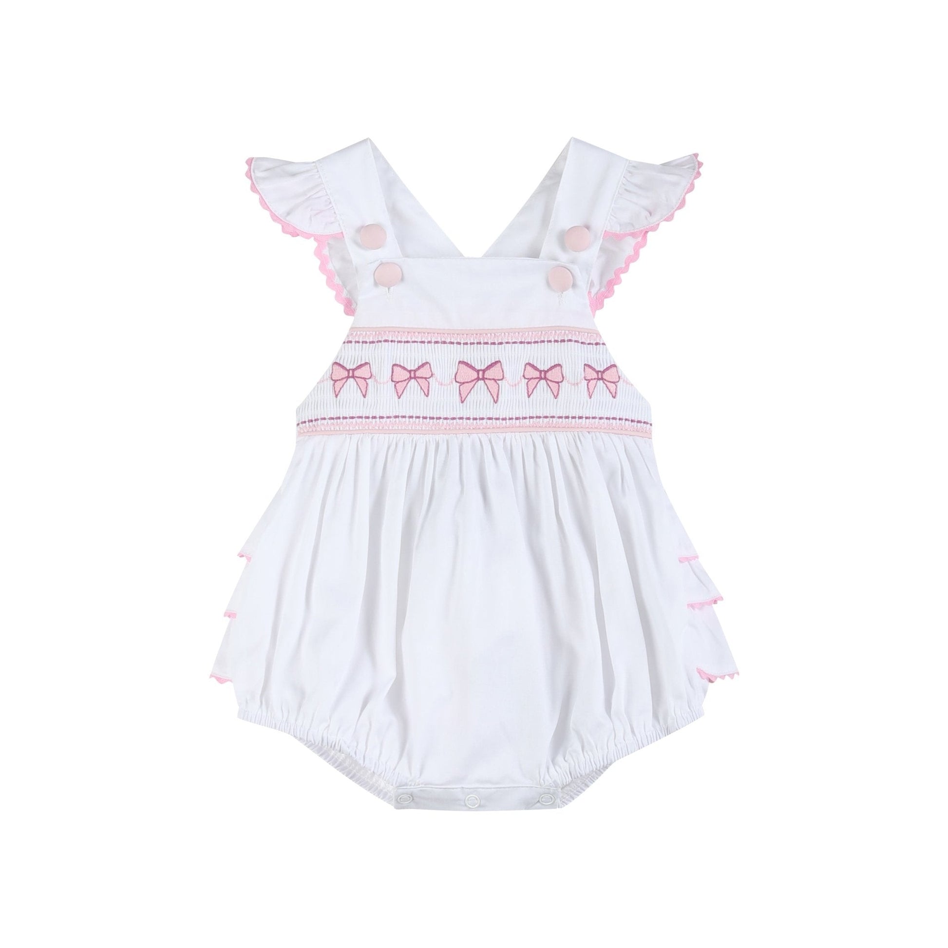 White & Pink Bows Smocked Ruffle Romper