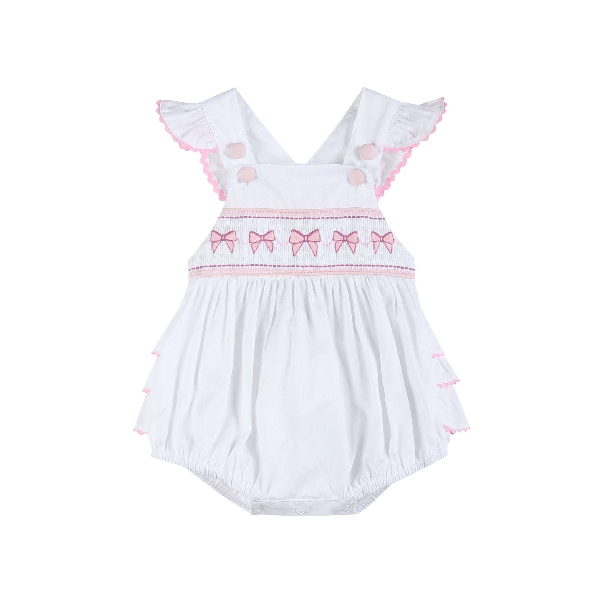 White & Pink Bows Smocked Ruffle Romper