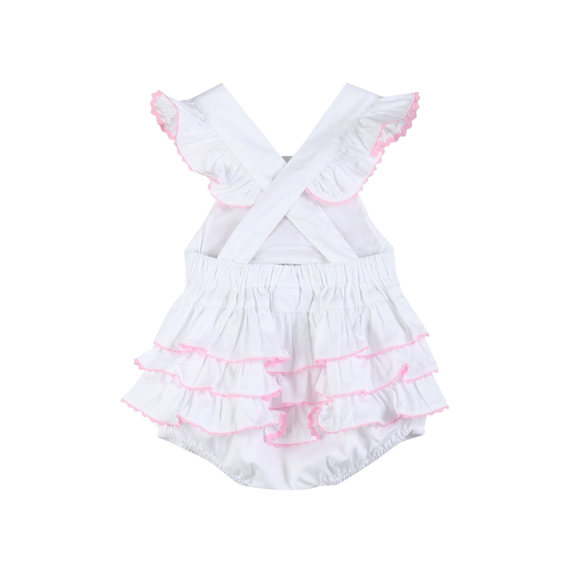 White & Pink Bows Smocked Ruffle Romper