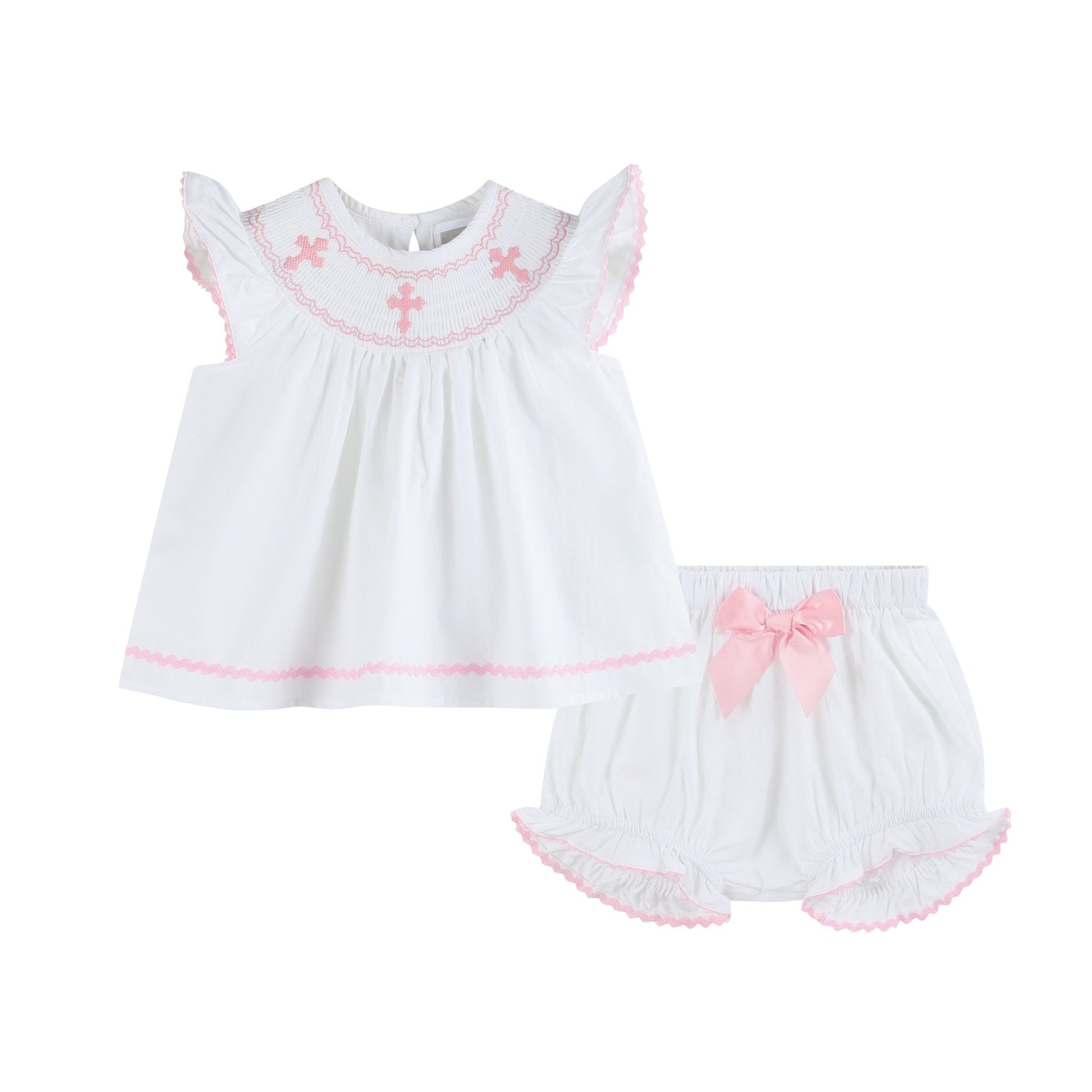 White & Pink Cross Smocked Dress & Bloomer Set
