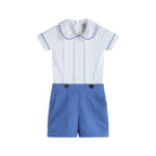 White Collared Top and Blue Button Shorts Set