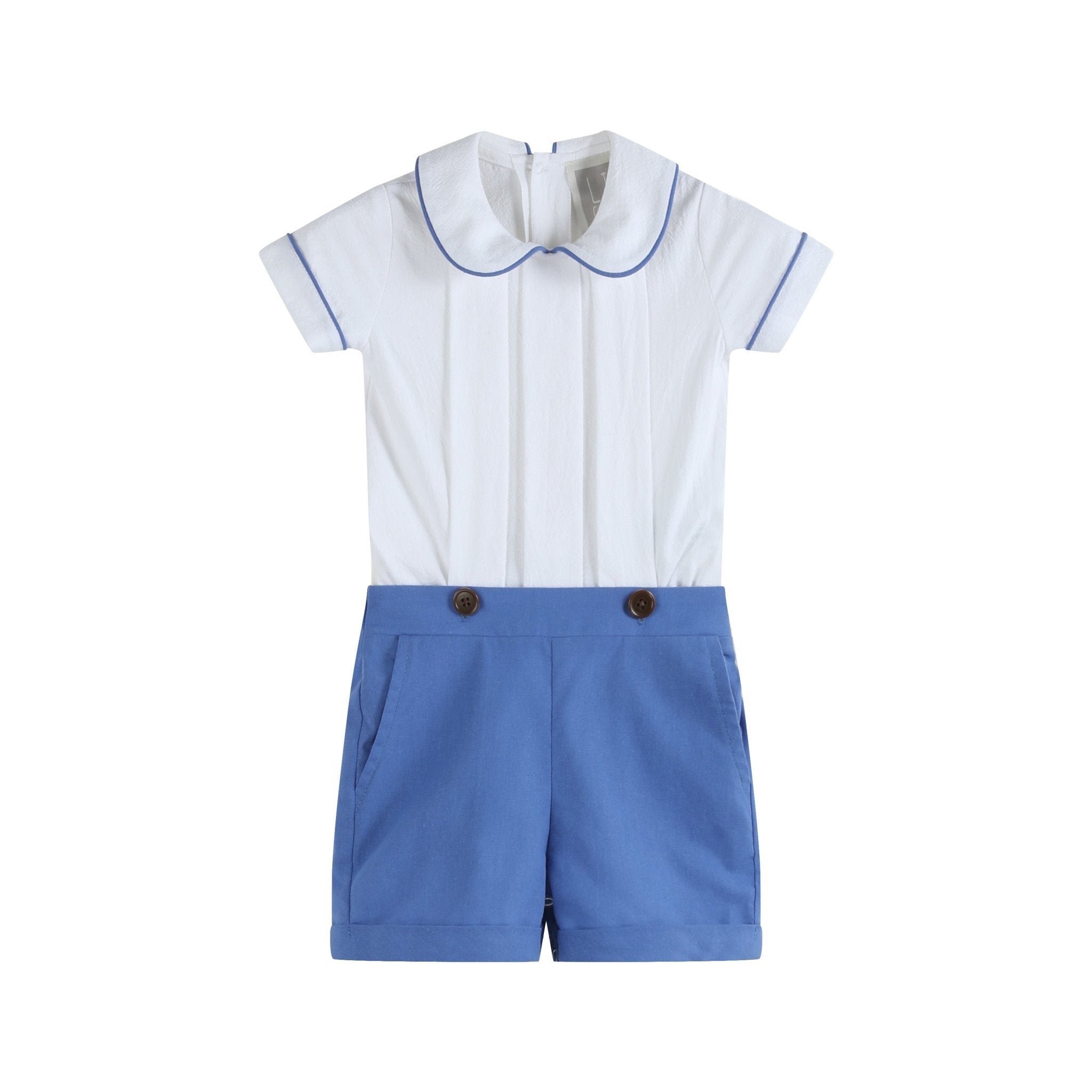 White Collared Top and Blue Button Shorts Set