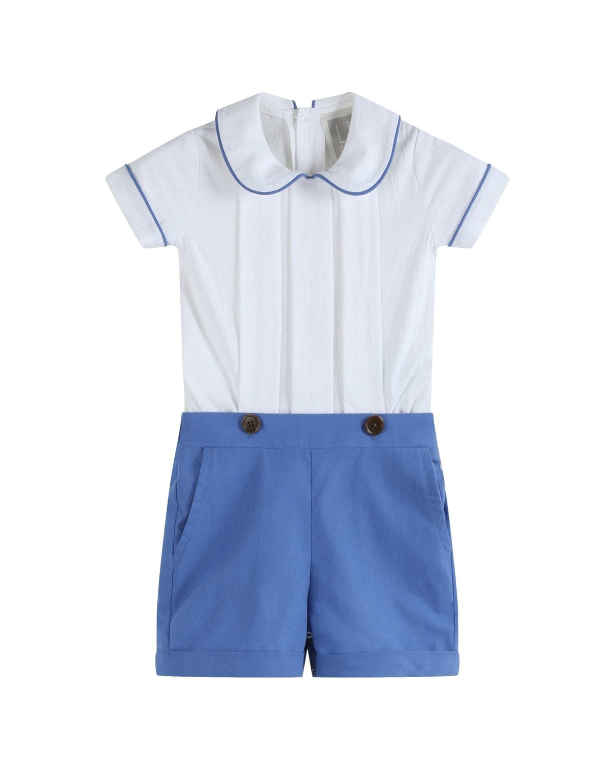White Collared Top and Blue Button Shorts