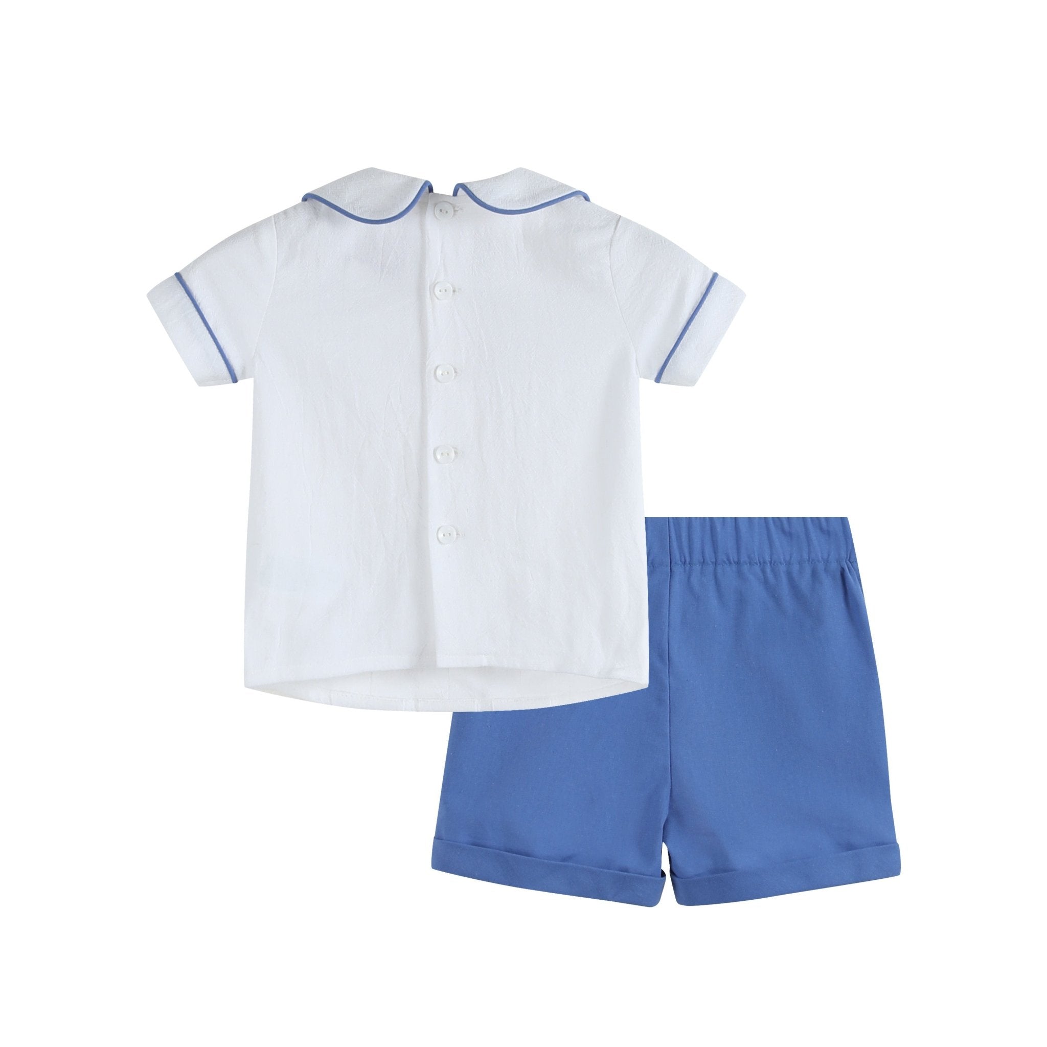 White Collared Top and Blue Button Shorts Set