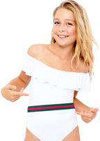 White Off-Shoulder One-Piece Swimsuit with Belt