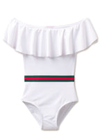 White Off-Shoulder One-Piece Swimsuit with Belt