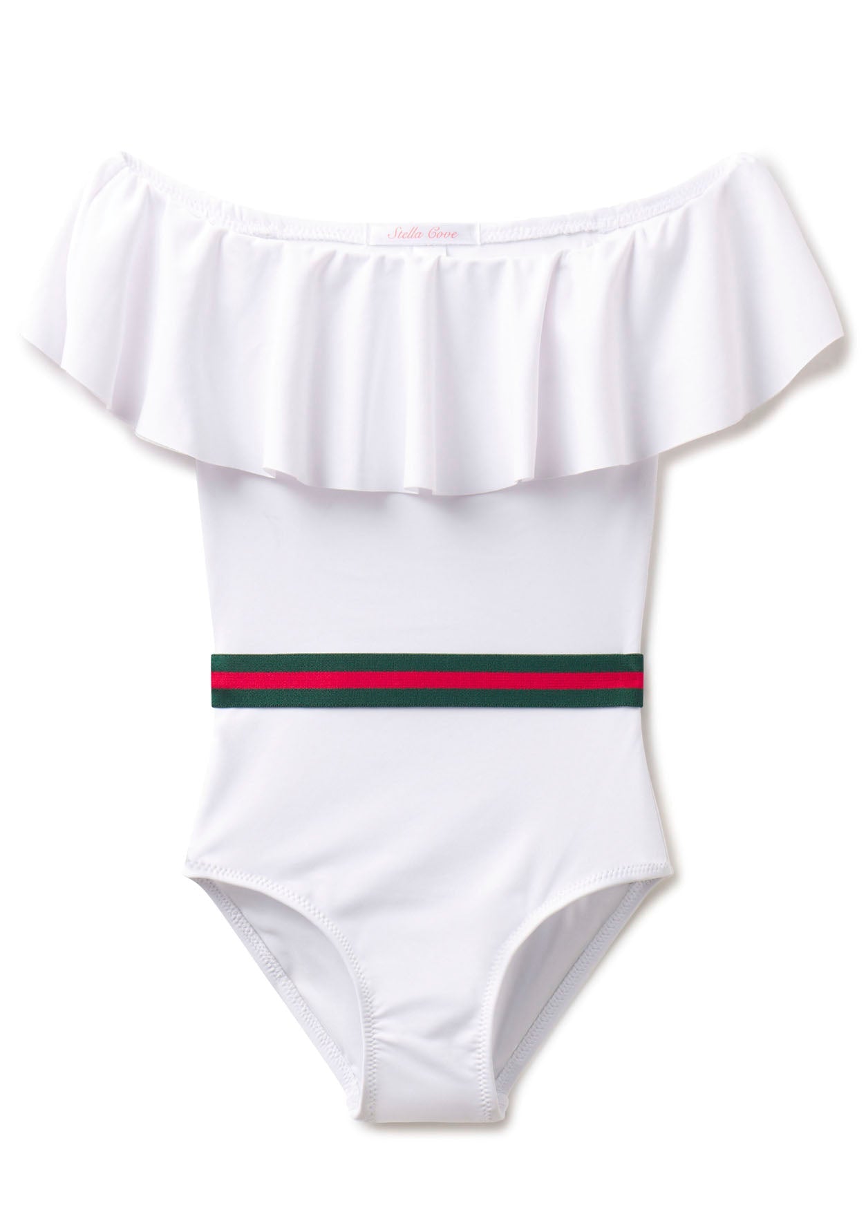 White Off-Shoulder One-Piece Swimsuit with Belt