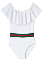 White Off-Shoulder One-Piece Swimsuit with Belt