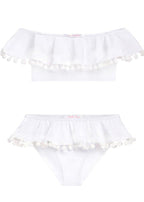 White Draped Bikini with Pom Pom Trim