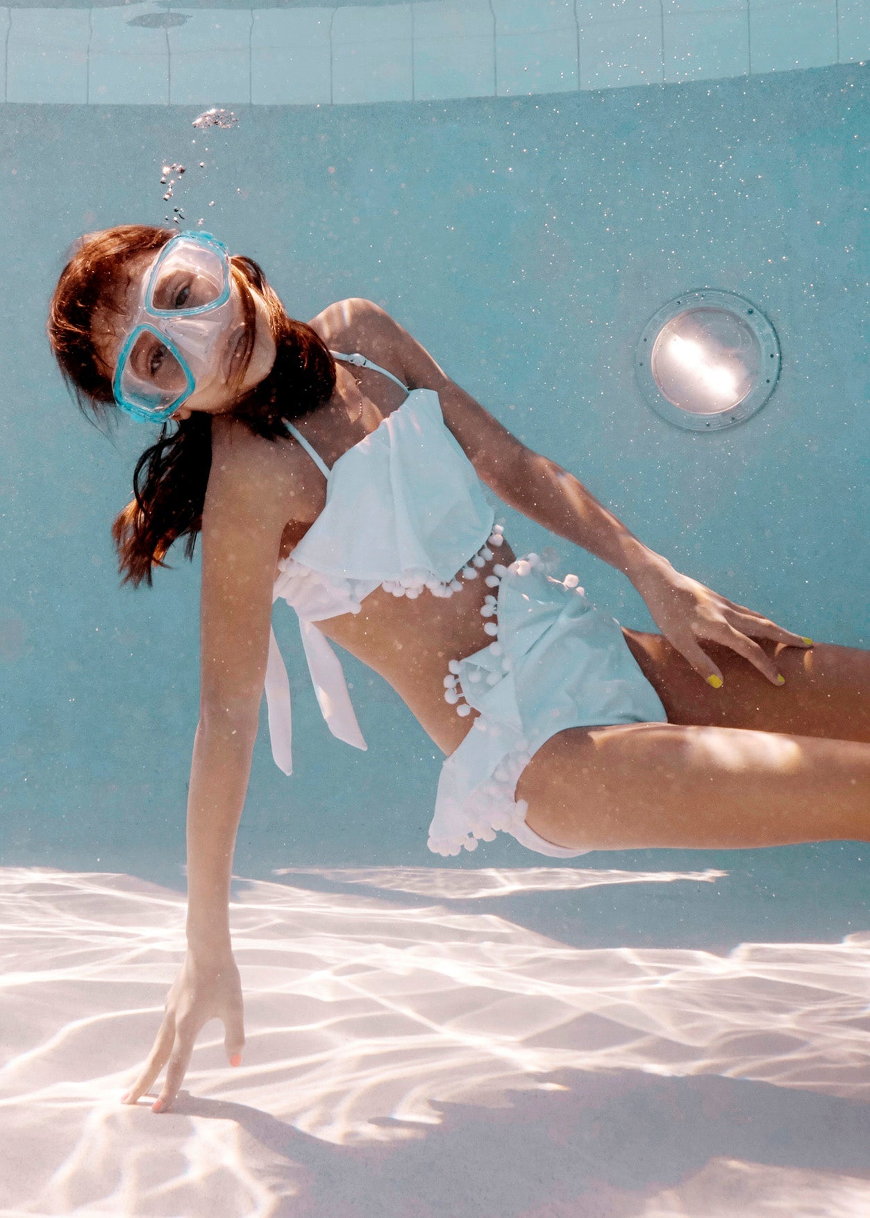 White Draped Bikini with Pom Pom Trim