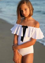 White Ruffle One-Piece Swimsuit with Black Bow