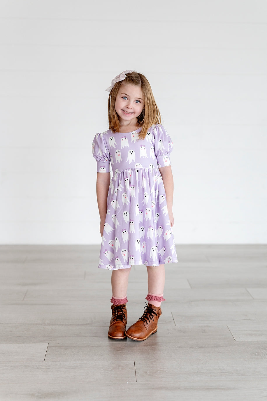 Girls Puff Twirl Dress in Purple Girly Ghost