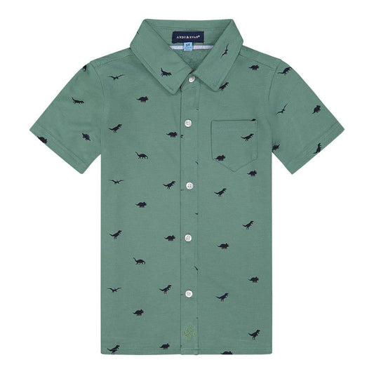 Boys Green + Dino Cotton Knit Button Down Shirt