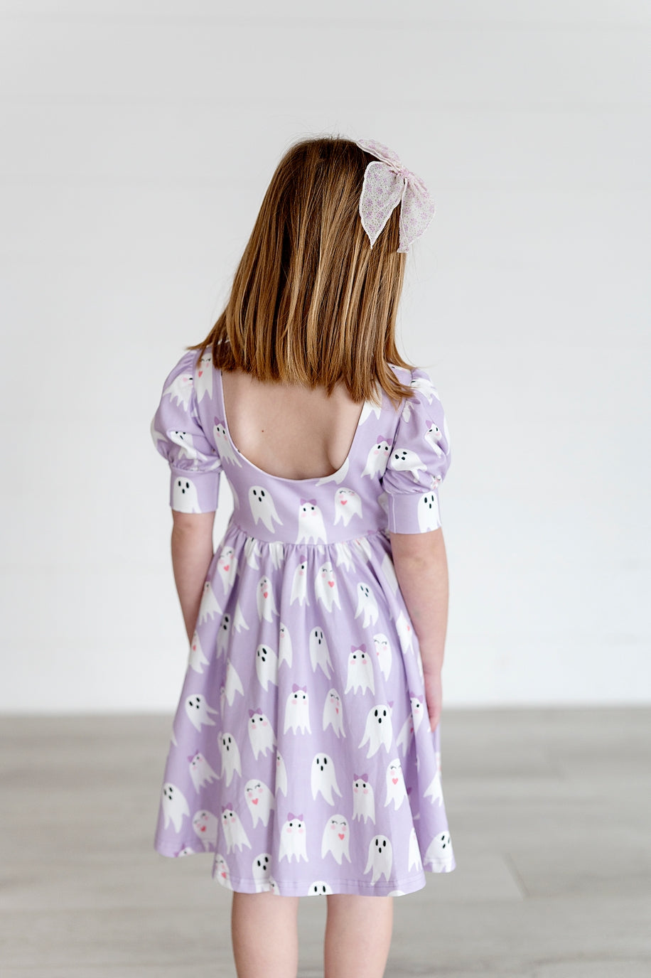 Girls Puff Twirl Dress in Purple Girly Ghost