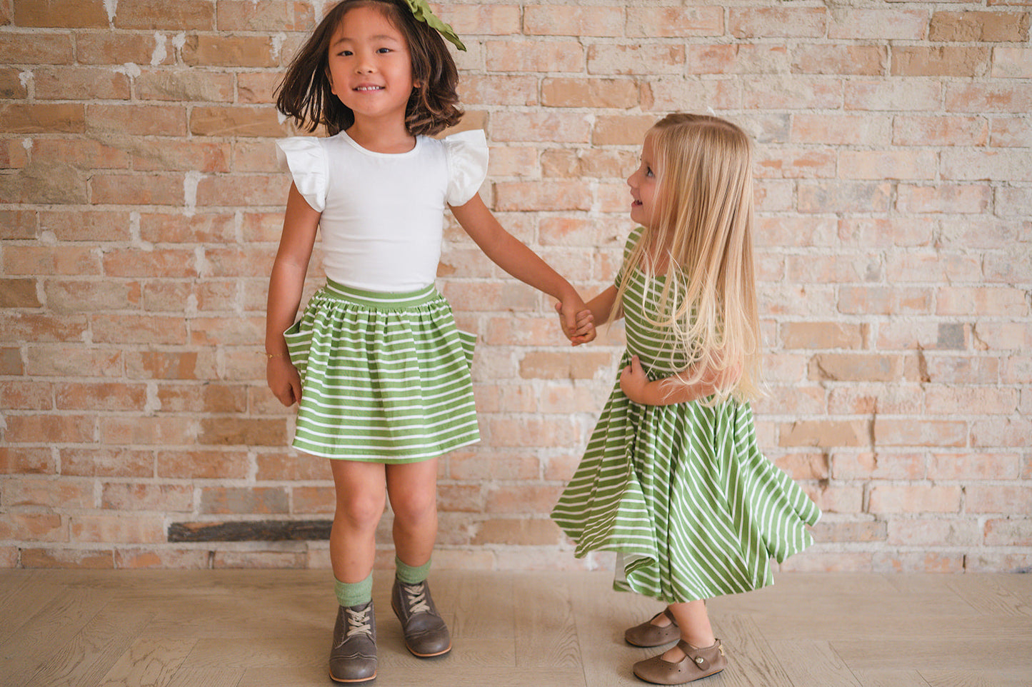 Girls Classic Twirl Dress in Asparagus Stripe