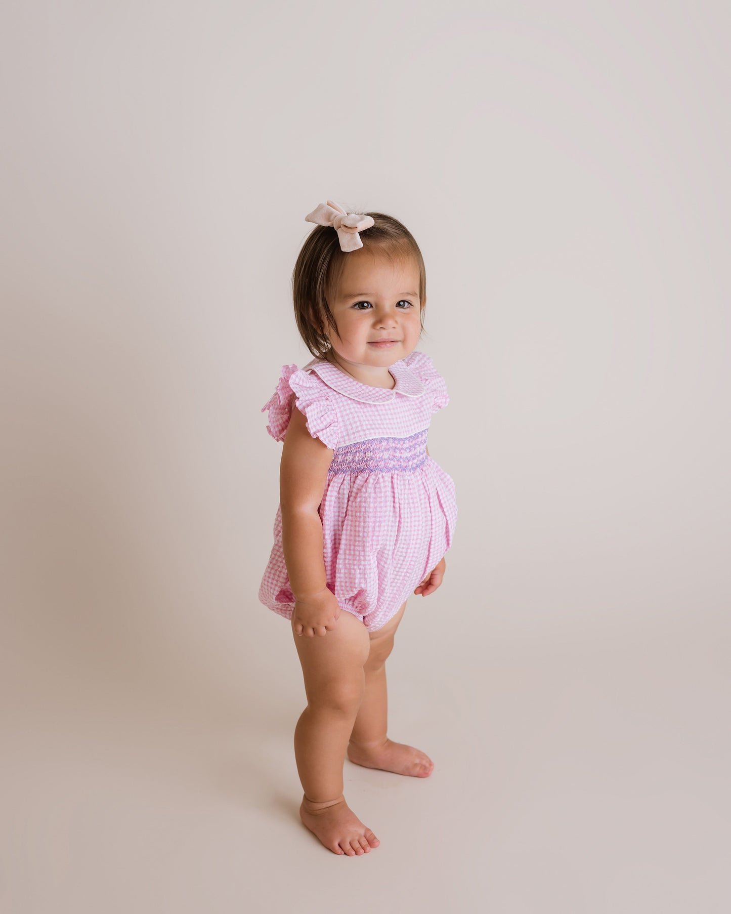 Baby Girl Anna Smocked Bubble Romper, Pink