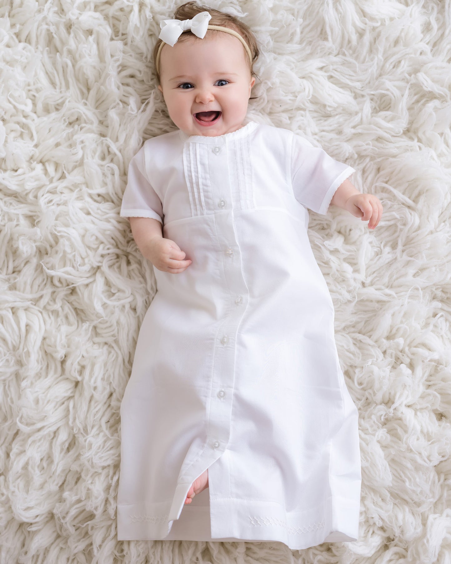 Baby Girl Classic Pima Cotton Batiste Day Gown, White with Ivory Trim