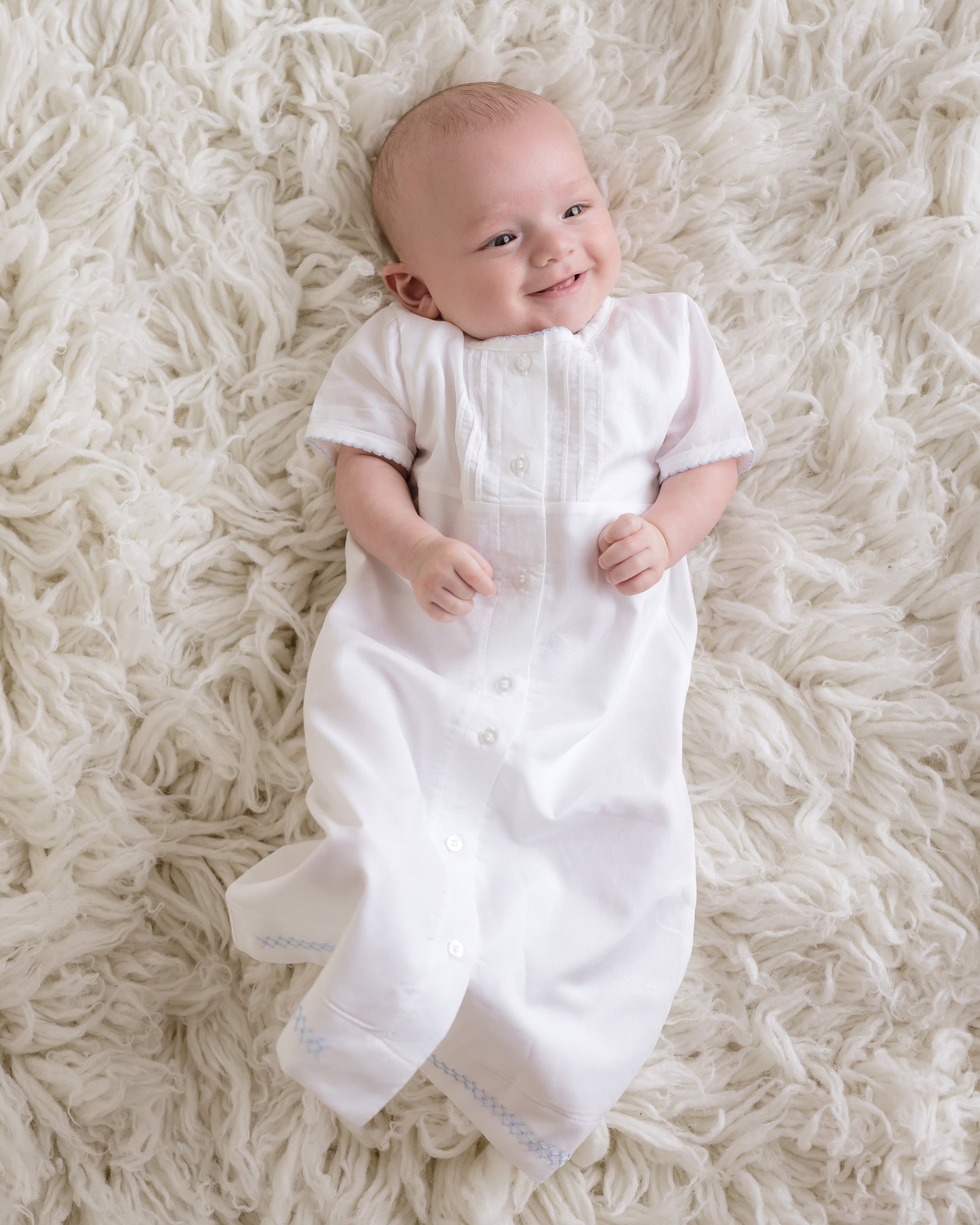 Baby Boy Classic Batiste Day Gown, White with Lt.Blue Trim