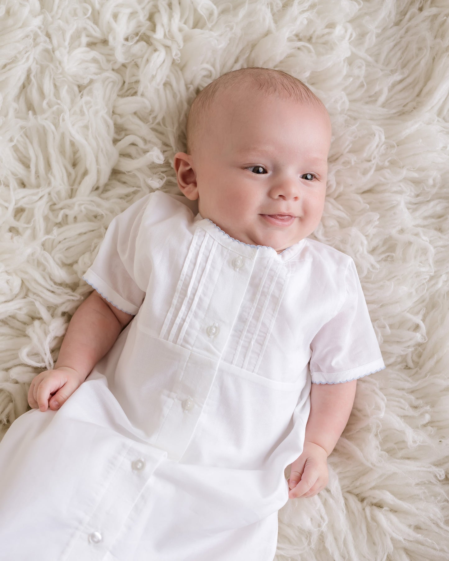 Baby Boy Classic Batiste Day Gown, White with Lt.Blue Trim
