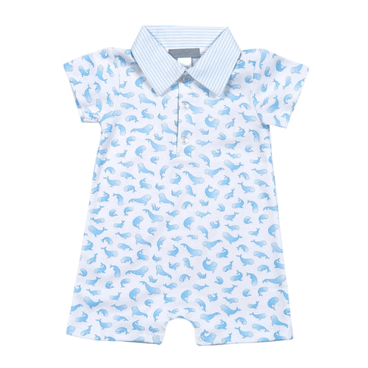 Boys Blue Whales Pima Romper with Polo Collar