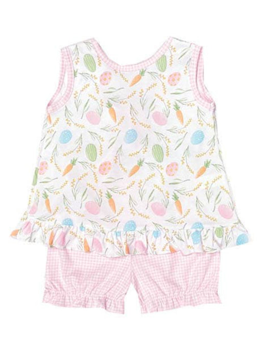 Front side: Beautiful, delicate two-piece girls set popover with Easter eggs printed on 100% Pima cotton, white background. The bottom is pink, checkered Pima. Ties and ruffles are pink Pima cotton. 