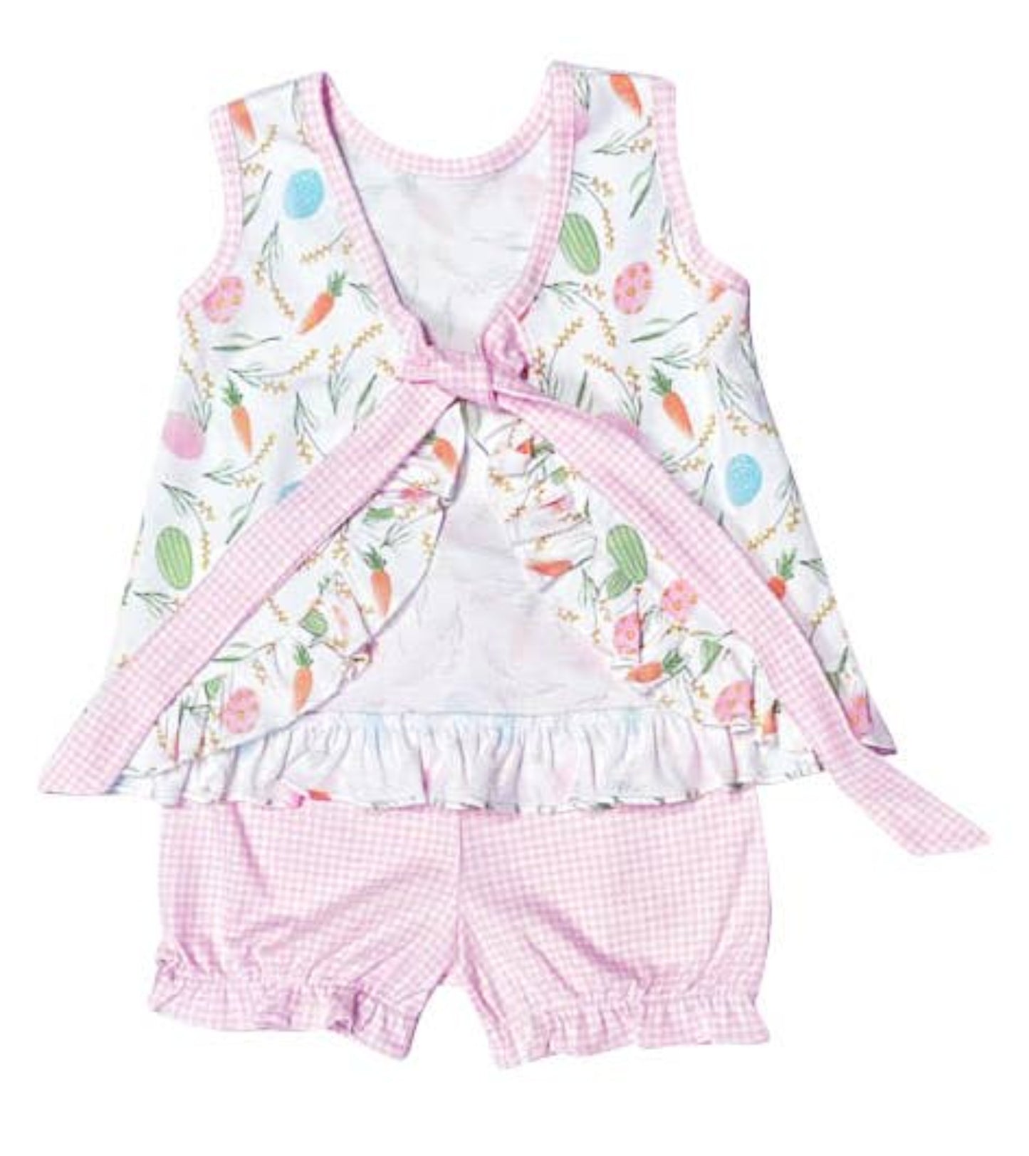 Front side: Beautiful, delicate two-piece girls set popover with Easter eggs printed on 100% Pima cotton, white background. The bottom is pink, checkered Pima. Ties and ruffles are pink Pima cotton.