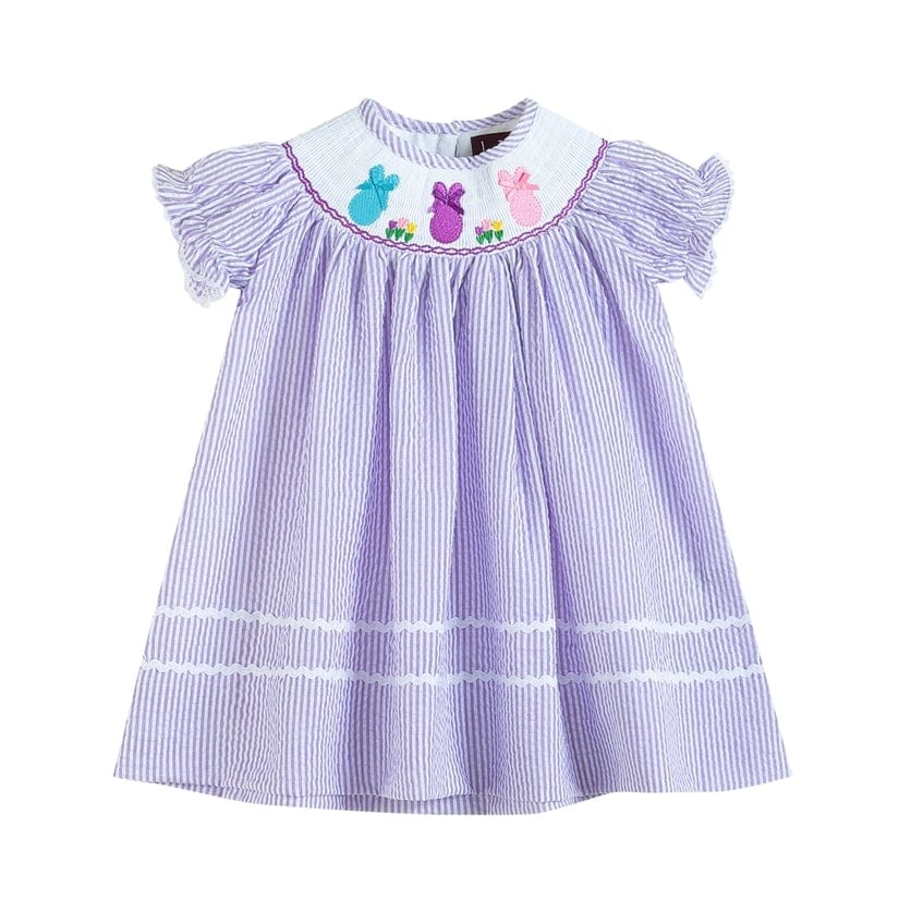 Girls Lavender Seersucker Bunnies & Bows Smocked Bishop Dress