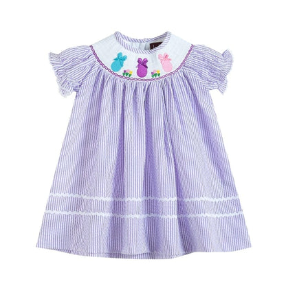 Girls Lavender Seersucker Bunnies & Bows Smocked Bishop Dress