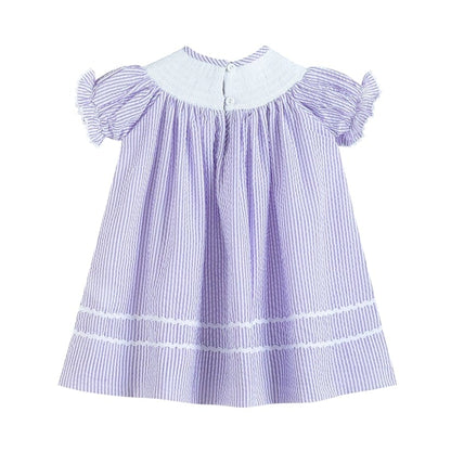 Girls Lavender Seersucker Bunnies & Bows Smocked Bishop Dress
