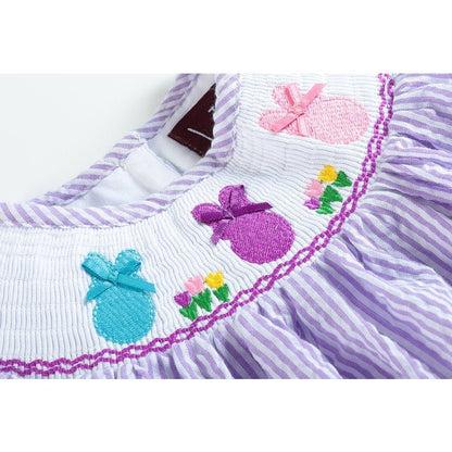 Girls Lavender Seersucker Bunnies & Bows Smocked Bishop Dress