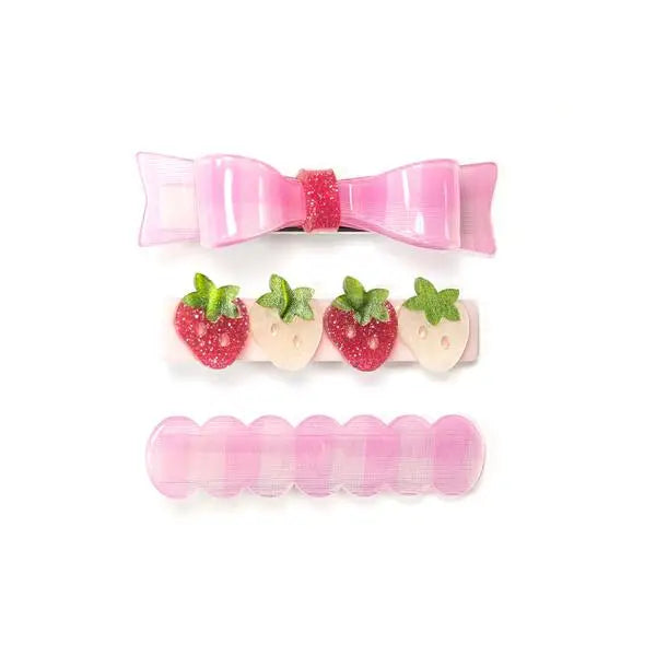 Pink Checked Bow + Strawberries Alligator Clips (Set of 3)