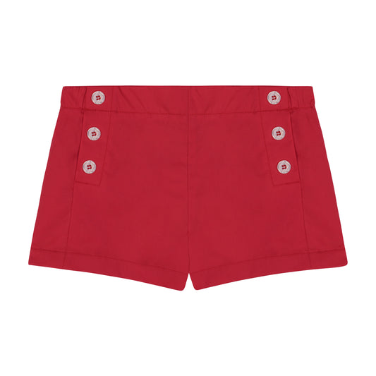 Girls Red Poplin Sailor Button Shorts