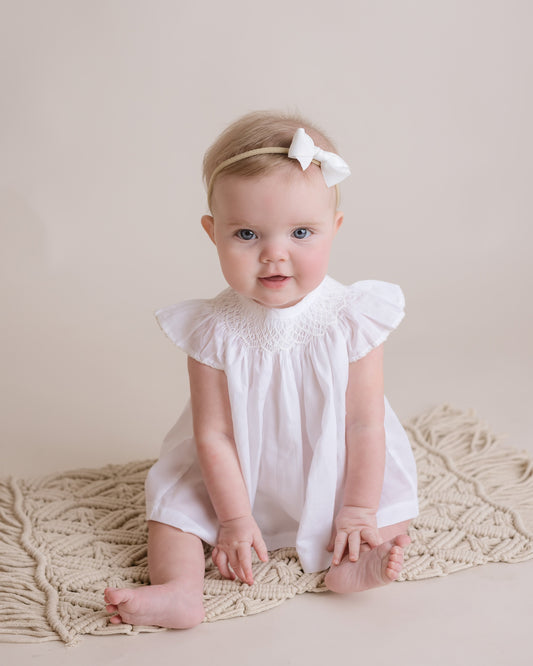 Baby Girl White Smocked Bishop Collar Batiste Diaper Set