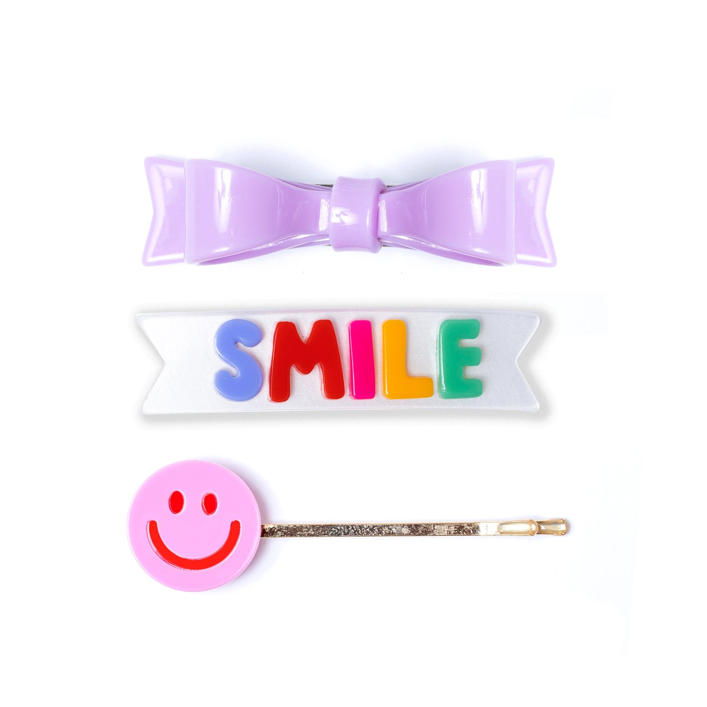 Three Combo Smile Word Set+Bowtie Lilac Alligator Clips